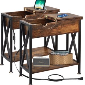 TooCust 2 Pack Narrow End Table with Charging Station, End Tables with USB Ports and Outlets End Tables Living Room Set of 2,Side Table with Outlet Side Tables Set of 2 Nightstand Bedside Table