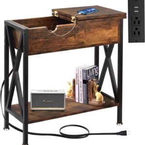 End Tables Living Room with Charging Station, USB Ports and Outlets, 5.5" Super Deep Drawer, Couch Table for Small Space, Narrow Nightstand with X-Design Steel Frame(11.2" D x 24" W x 24.2" H)
