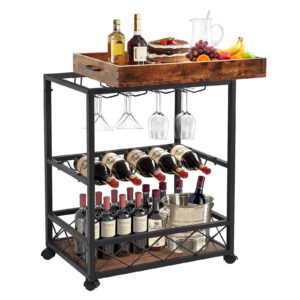 TooCust Bar Carts for The Home, Rolling Bar Cart with Removable Tray, Wooden Bar Cart with Wine Rack, Serving Cart with Wheels and Handle, Wine Cart, Kitchen Serving Cart with Glass Holder
