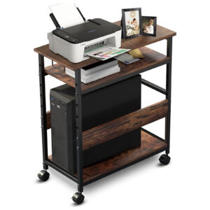 3 Tier Computer Tower Stand Large, 23.6" L x 11.8" W x 27.6" H, Height Adjustable PC Tower Stand for Floor, Mobile Printer Stand with Lockable Caster Wheels, MDF Wood Rolling Laptop Cart