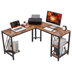 60"x55" L Shaped Computer Desk - Large Office Desk with Monitor Stand and 2 Layers Storage Rack Reversible Corner Desk for Small Spaces, Gaming Computer Desk for Home Office, Retro