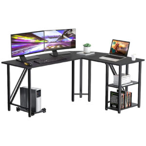 60"x55" L Shaped Computer Desk - Large Office Desk with Monitor Stand and 2 Layers Storage Rack Reversible Corner Desk for Small Spaces, Gaming Computer Desk for Home Office, Black