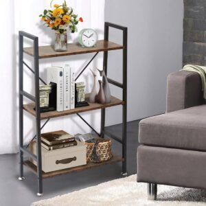 TooCust 3 Tier Bookshelf, 37" x 23" x 10.8" 3 Tier Wood Bookshelf, 3 Shelf Bookcase, Vintage Standing Metal Frame Book Shelves, Rustic Brown