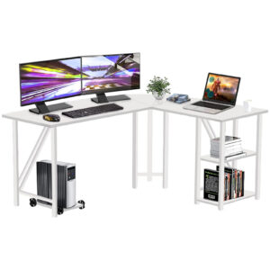 60"x55" L Shaped Computer Desk - Large Office Desk with Monitor Stand and 2 Layers Storage Rack Reversible Corner Desk for Small Spaces, Gaming Computer Desk for Home Office, White