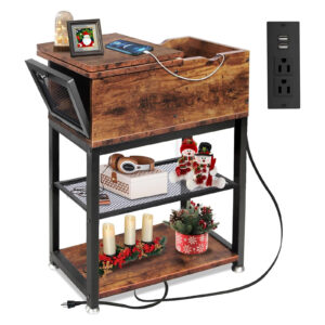 Side Table Living Room with Side Opening and Flip Top,12" D x 24" W x 28" H,Narrow End Table Rustic End Tables with USB Ports and Outlets, Narrow Side Table