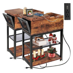 TooCust 2 Pack Narrow End Table with Charging Station, End Tables Living Room Set of 2 with Side Opening and Flip Top, Narrow Side Table with USB Ports and Outlets Nightstand(11.3" D x 24" W x 28" H)